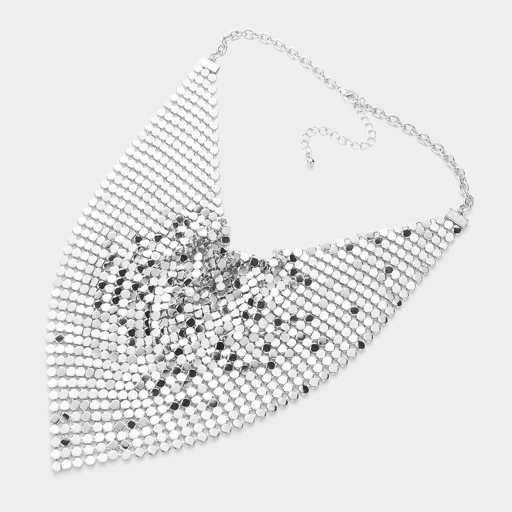 Silver Mesh Chain Mill Bib Statement Necklace